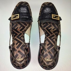 Fendi promenade FF motif fabric and croc-embossed leather slingback pump